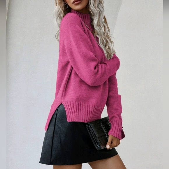 New Ribbed High Low Mock Neck Knit Sweater Top Bright Pink - Picture 2 of 9